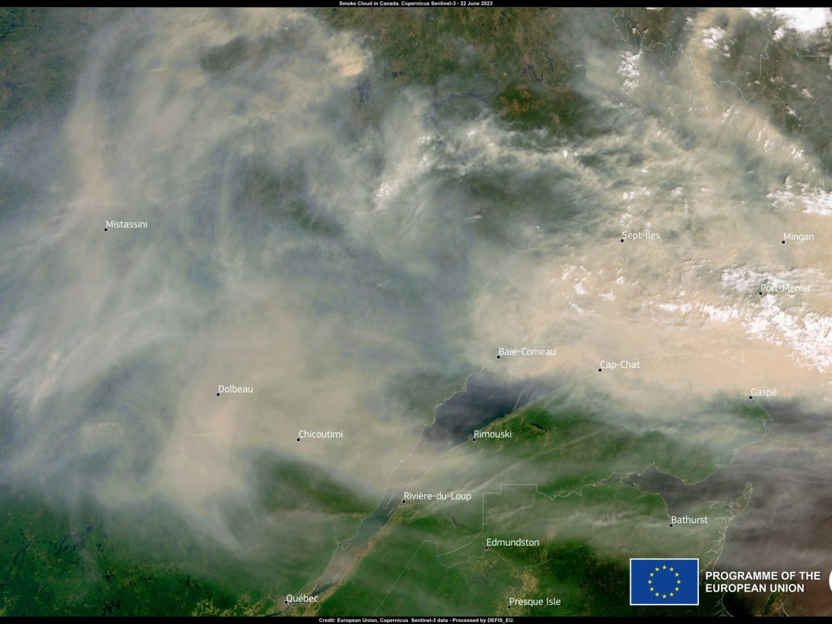 This image, acquired by one of Copernicus Sentinel-3 satellites on 22 June 2023, shows the massive smoke cloud produced by the multiple wildfires ongoing in Québec engulfing the sky of North America.