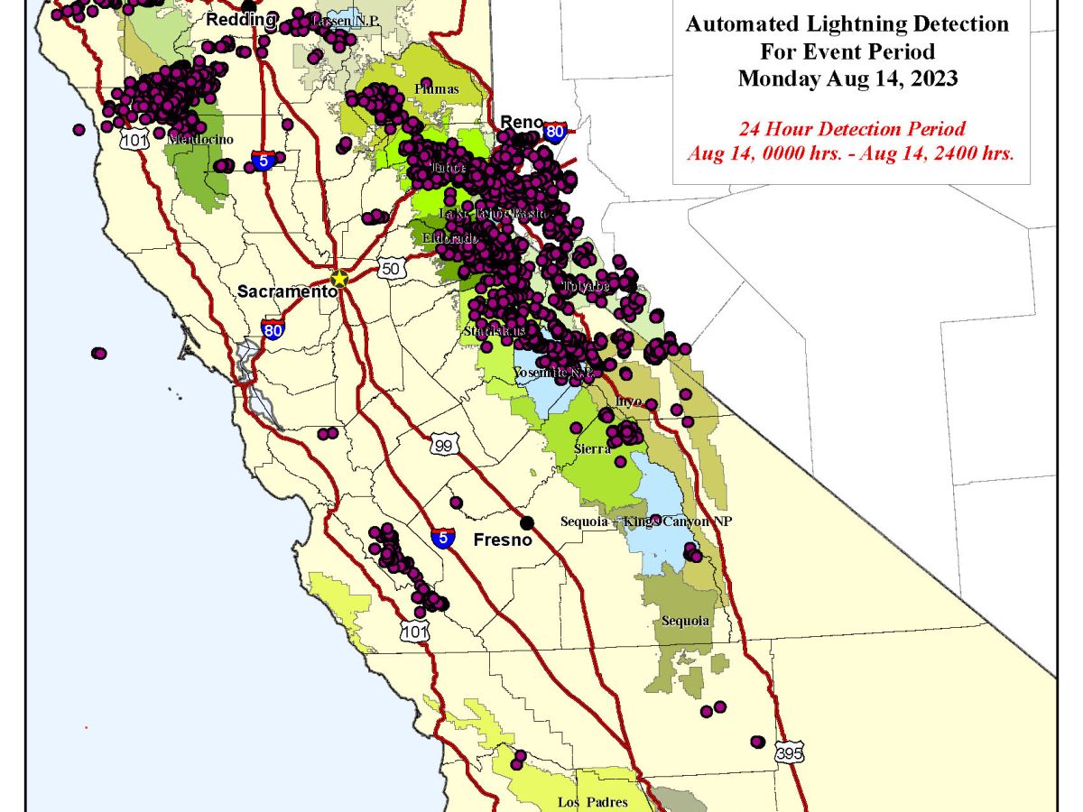 Lightning map: 3,730 strikes on Monday in California