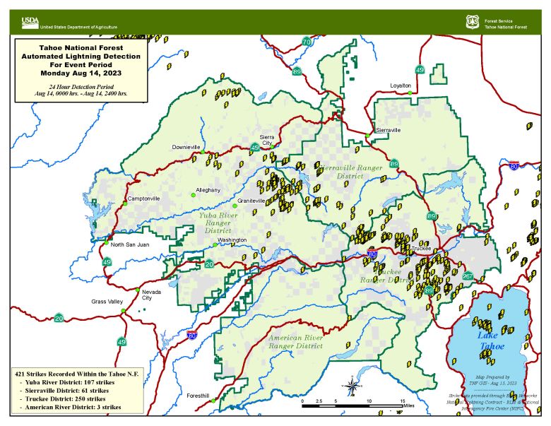 Tahoe National forest map showing the location of the  421 strikes for Monday, Aug. 15, 2023.