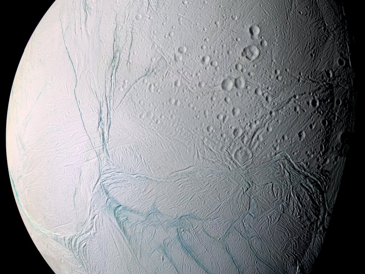 During a 2005 flyby, NASA’s Cassini spacecraft took high-resolution images of Enceladus that were combined into this mosaic, which shows the long fissures at the moon’s south pole that allow water from the subsurface ocean to escape into space. Credit: NASA/JPL/Space Science Institute